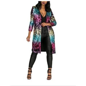 Hancy Sequin Multicolored Open Front Long Cardigan Size Large NWOT
